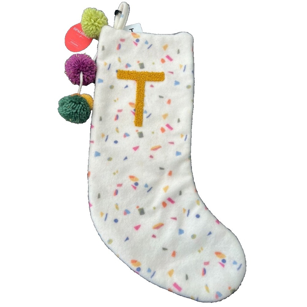 Confetti Sprinkle Christmas Stocking Letter T Modern Chic Metallic Poms Playful